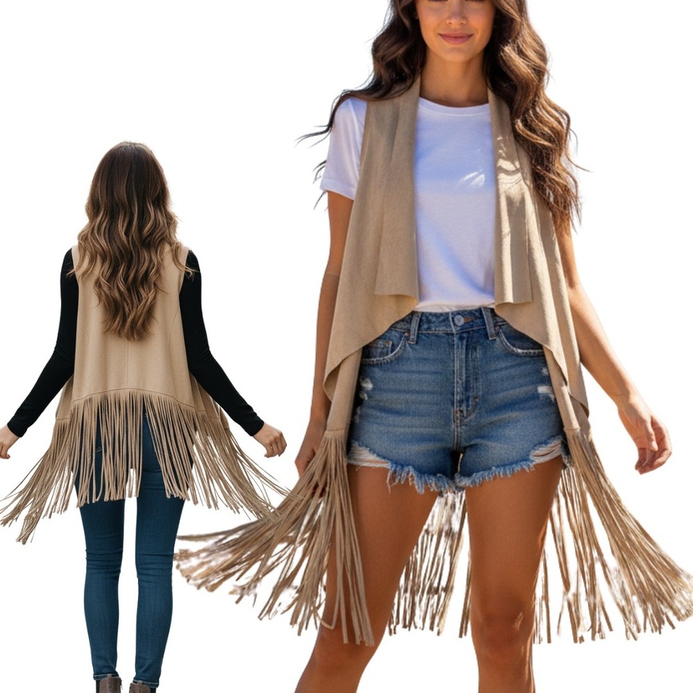 VERY MODA Womens Boho Fringe Vest Tan Faux Suede Open Front Duster OS NWT‎